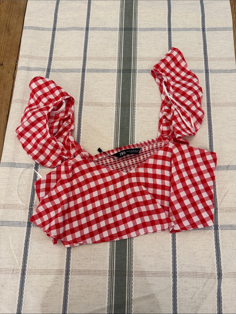 Zara Red and White Gingham Tie-Shoulder Crop Top
